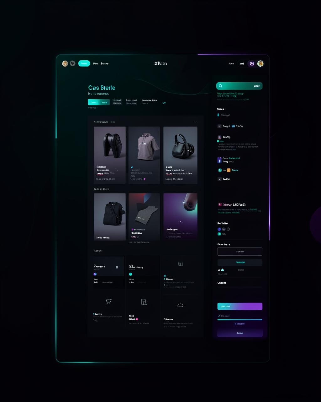 Interface moderna de loja virtual em tema escuro com destaques em verde-água e violeta