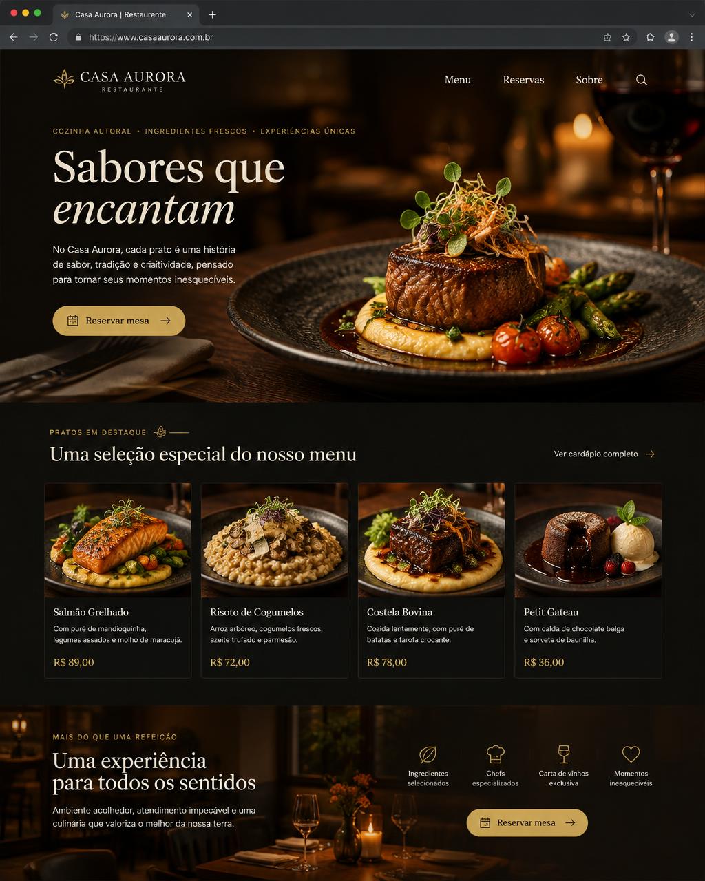 Site de restaurante criado pela WebXpert para o Casa Aurora